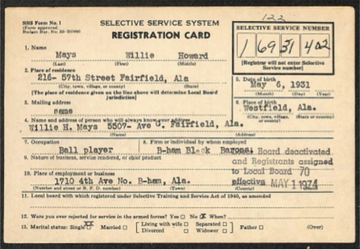 Willie Mays Draft Card