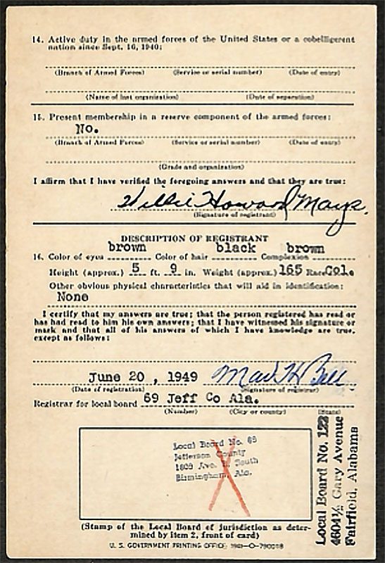 Willie Mays Korean War Era Draft Card