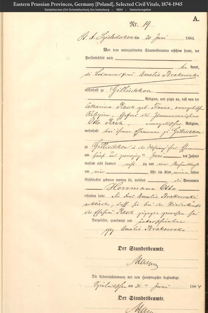 Source: Birth record; Eastern Prussian Provinces, Germany [Poland], Selected Civil Vitals, 1874-1945, Ancestry