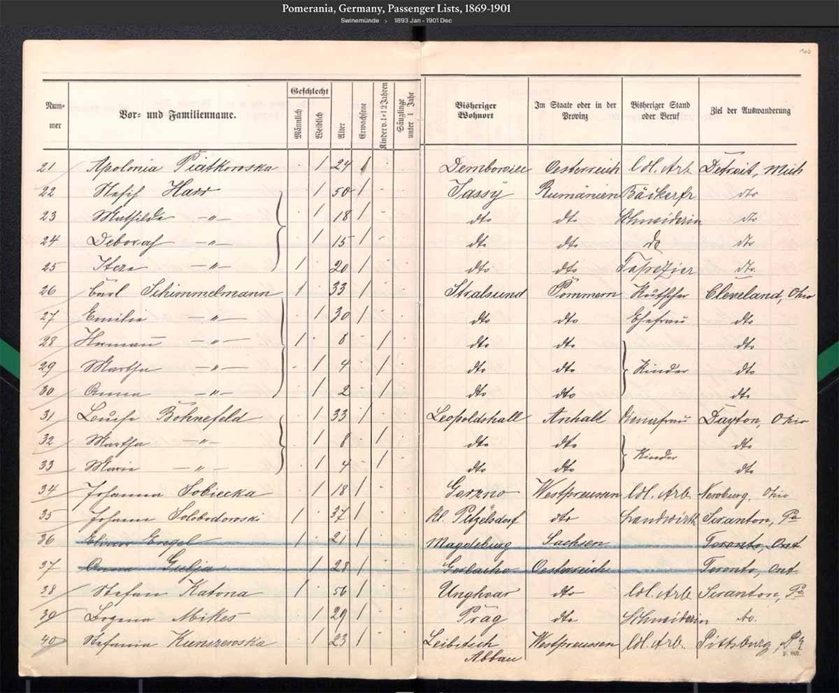 Source: Passengers Leaving Swinemünde (now Świnoujście, Poland) in 1893; Pomerania, Germany, Passenger Lists, 1869-1901, Ancestry