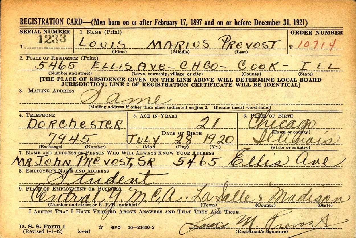 United States World War II Draft Registration Card - Louis M. Prevost