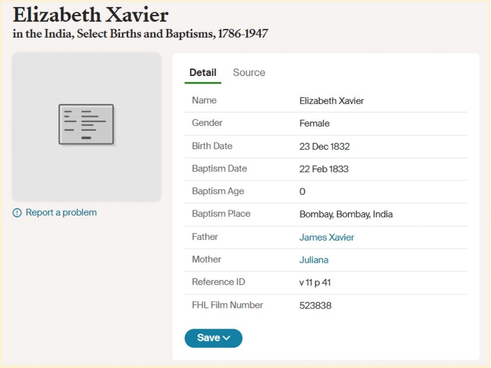 Elizabeth Xavier; India, Select Births and Baptisms, 1786-1947; Ancestry.com