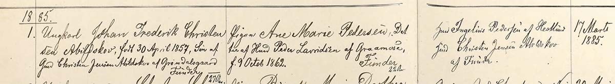 Marriage record for Johan Frederik Kristensen Abildskov and Ane Marie Pedersen, Denmark, Church Records, 1812-1924, Ancestry.com