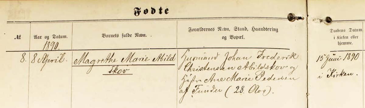 Baptism record of Magrethe Marie Abildskov, Denmark, Church Records, 1812-1924, Ancestry.com