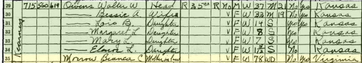 Bianca Morrow in the Walter Owens household, 1930 U.S. Federal Census, Ancestry.com