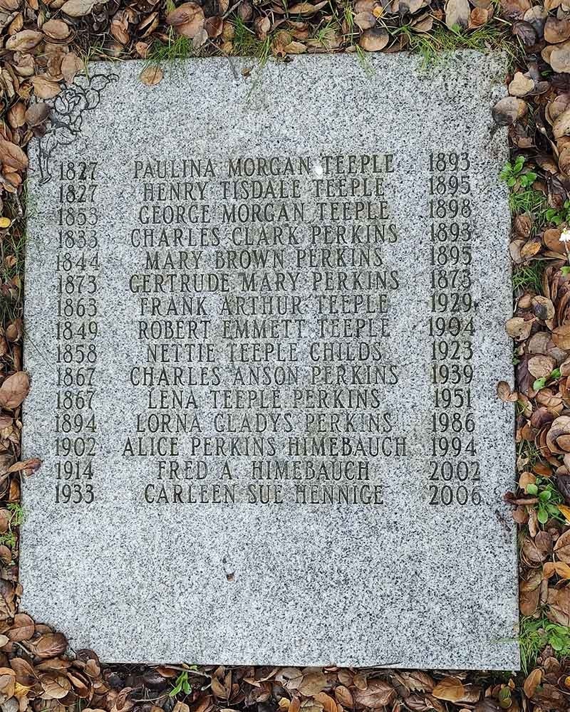 Teeple, Perkins, Childs, Himebauch, Hennige Family Marker, Mountain View Cemetery, Oakland, California; FindAGrave.com.