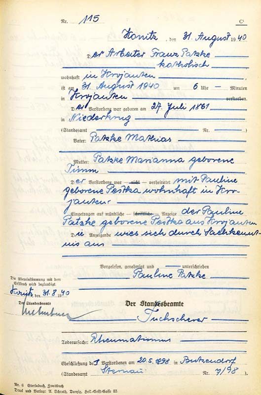 The civil registration filing for Franz Patske’s death. The record is part of the collection from Eastern Prussian Provinces, most of which are now part of Poland. Source: Eastern Prussian Provinces, Germany [Poland], Selected Civil Vitals, 1874-1945, Ancestry