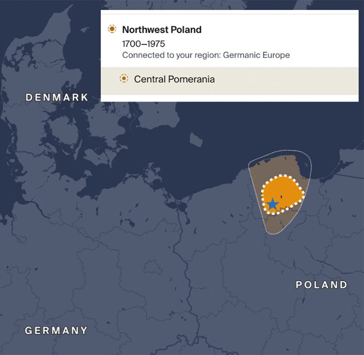 The Central Pomeranian community is located in an area of modern day Poland, but which was historically part of German Prussia in the early 20th century. The star marks the approximate location of Chojnice, Poland.