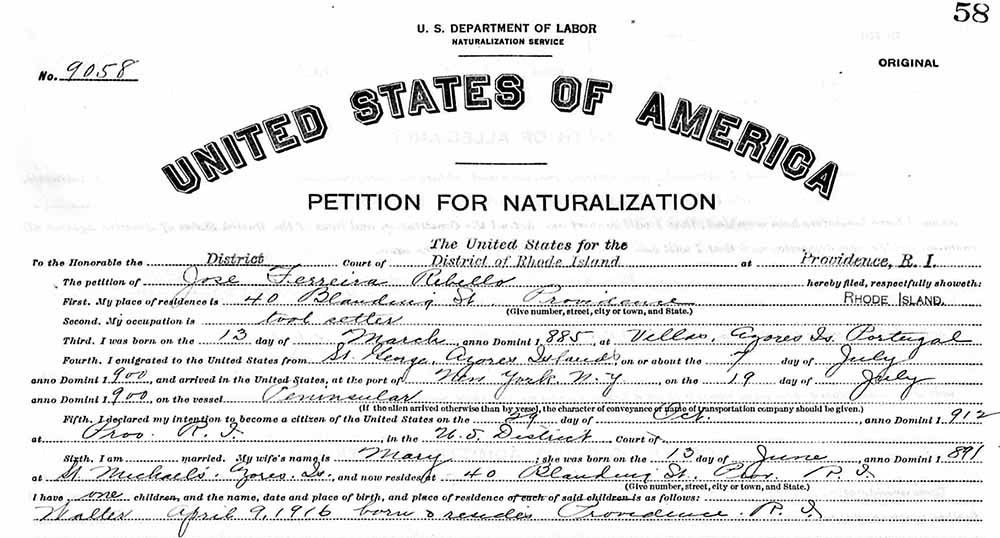 Jose Terreira Rebello, Rhode Island, U.S., State and Federal Naturalization Records, 1802-1945, Ancestry.com