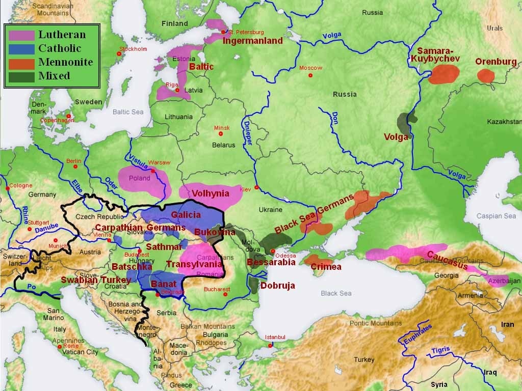 Map of approximate locations of major German settlements in eastern Europe, FamilySearch Wiki
