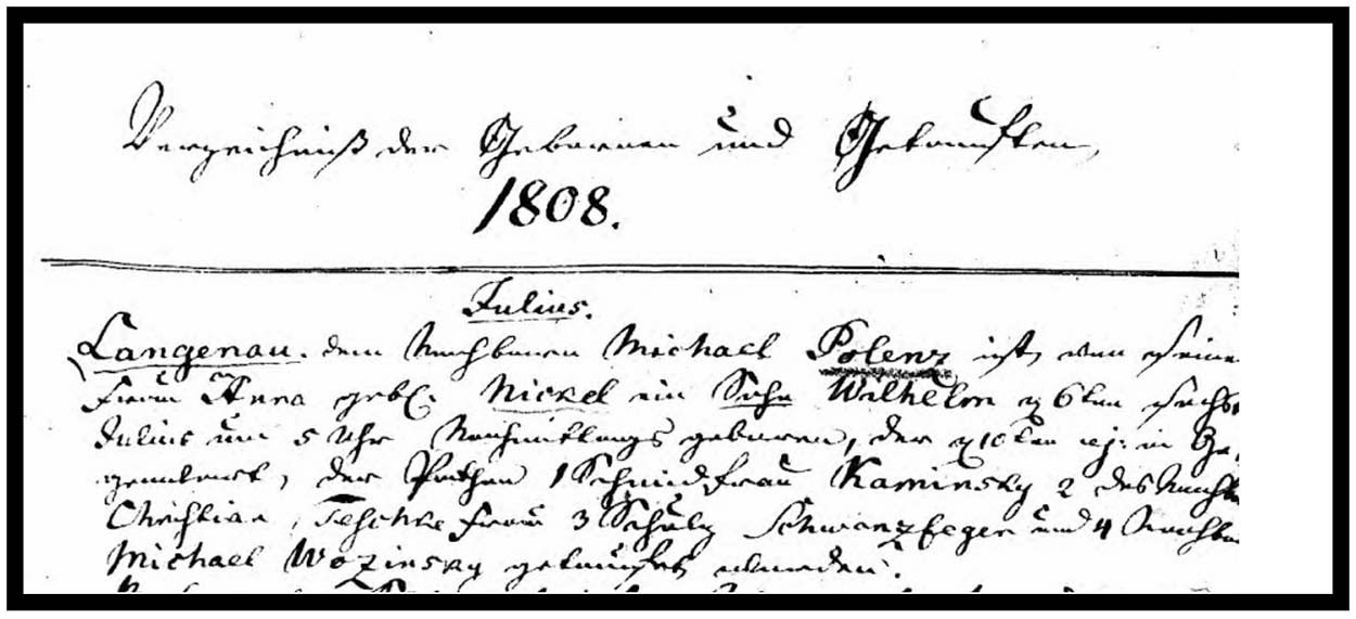 Birth and Baptism Record for Wilhelm Polenz, Protestant Church, Langenau (Rosenberg, West Prussia); Germany, Lutheran Baptisms, Marriages, and Burials, 1518-1921, Ancestry.com
