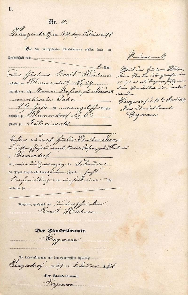 Death record for Maria Rosine (Neuman) Jahn in Blumendorf, Germany; Eastern Prussian Provinces, Germany [Poland], Selected Civil Vitals, 1874-1945, Ancestry.com