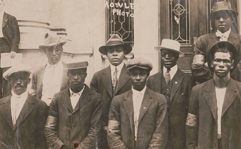 Unidentified African American recruits for the 15th New York National Guard Regiment heading to Camp Upton, New York, 1917