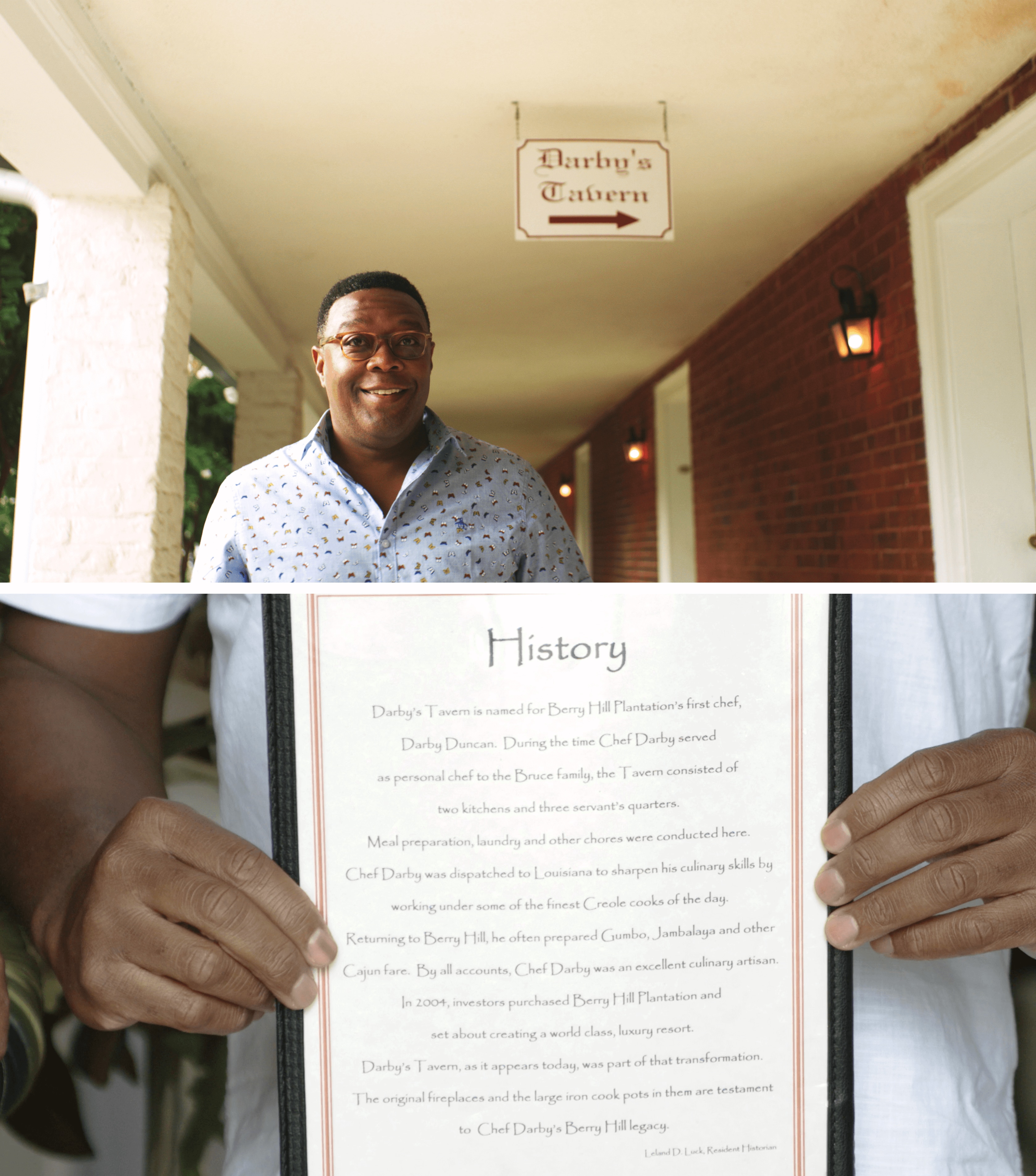 The author visiting restaurant named after his ancestor, Darby's Tavern.