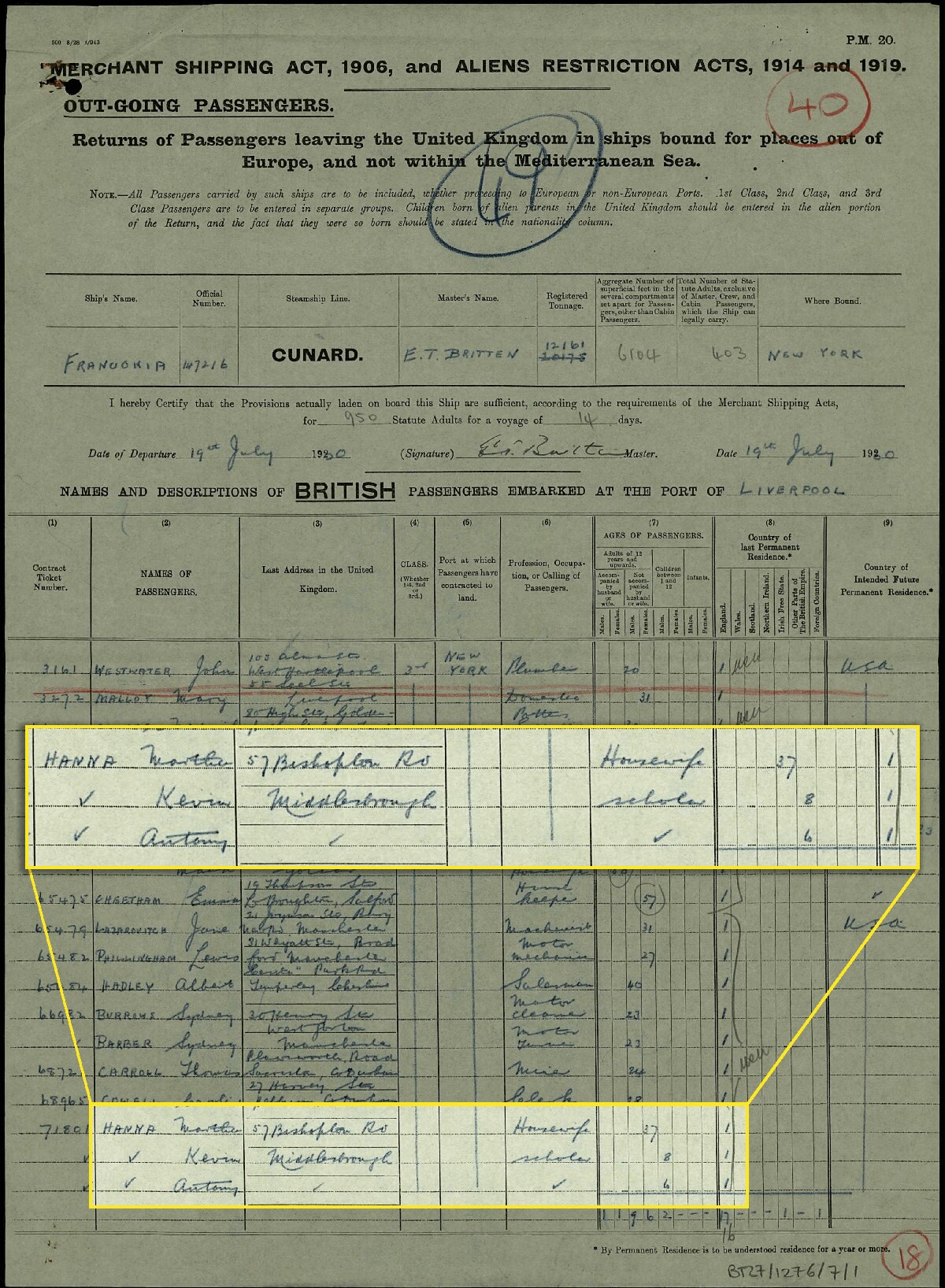 SS Franconia passenger list.