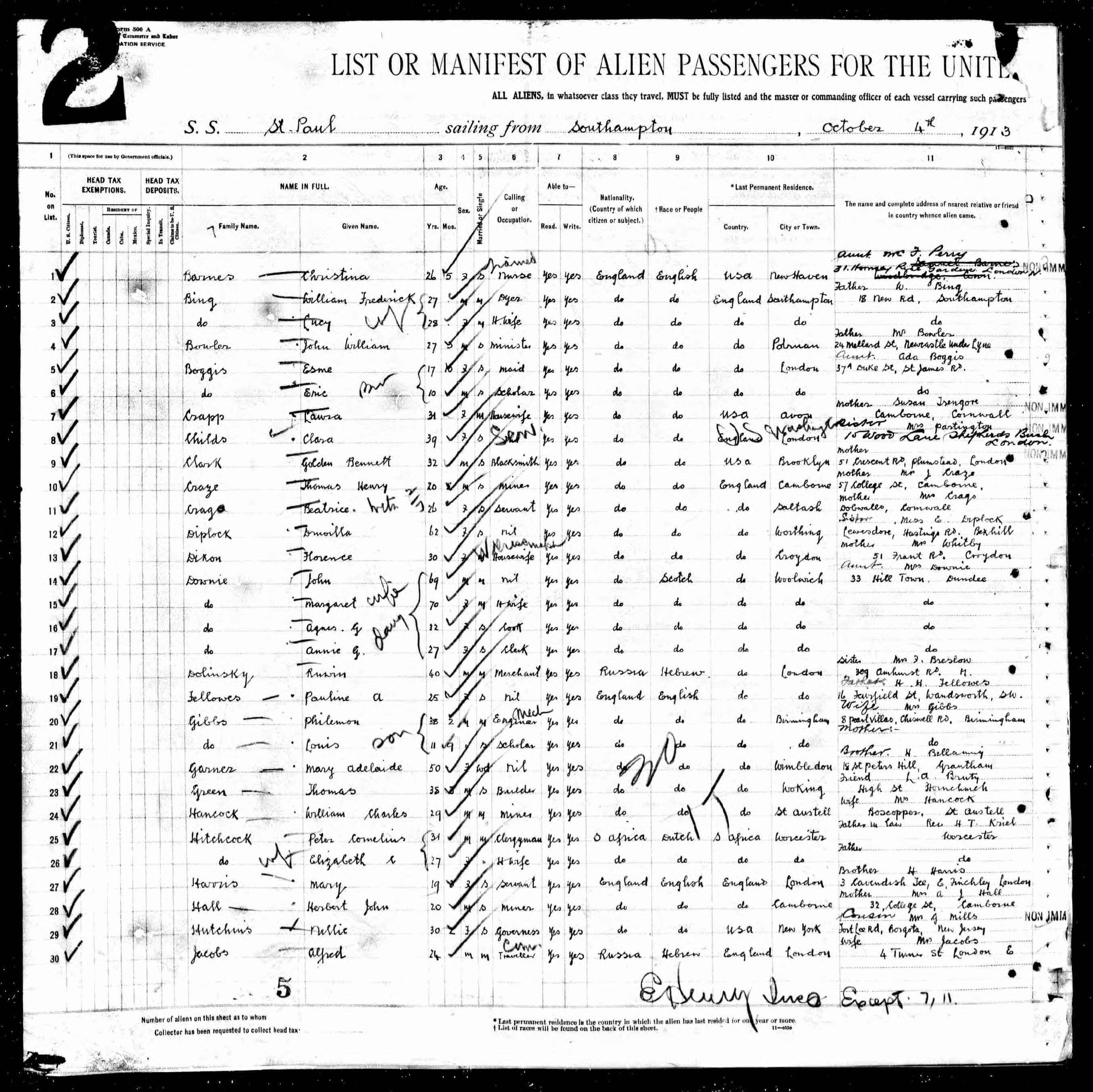 SS St. Paul's Manifest of Alien Passengers from October 4, 1913.