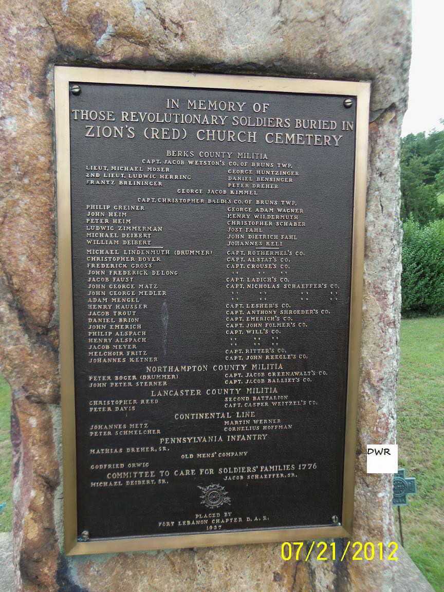 Plaque at Zion's (Red) Church Cemetery in memory of Revolutionary soldiers.