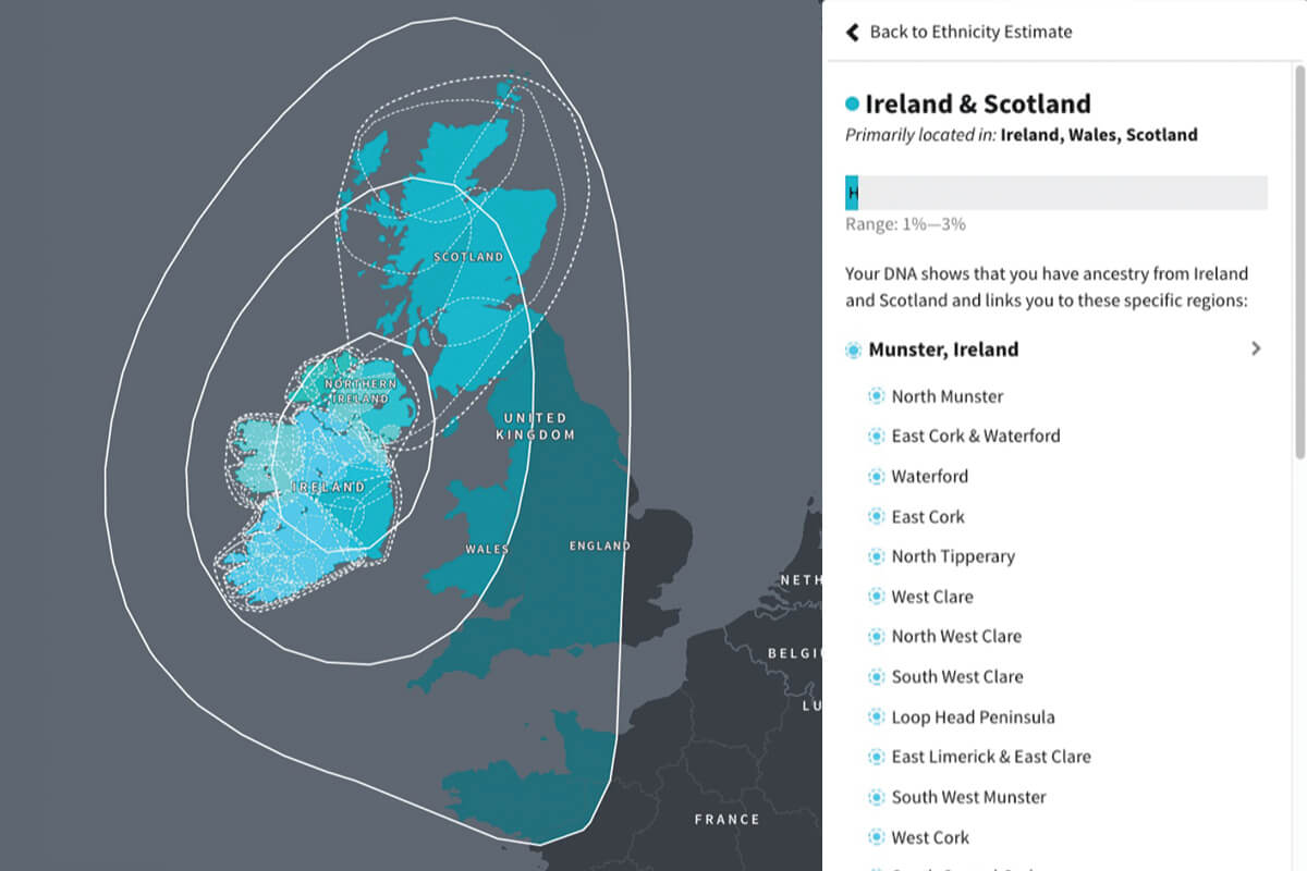Map of AncestryDNA's regions in Ireland and Great Britain.