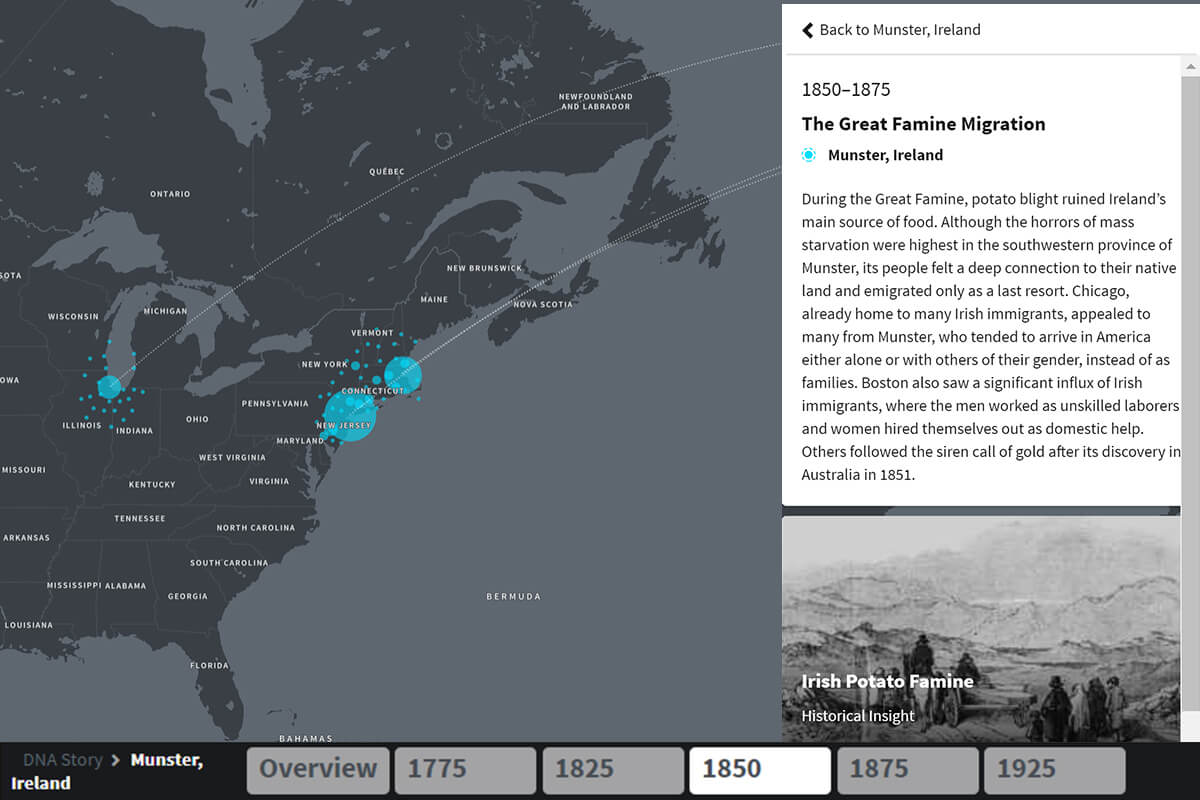 Map showing where Irish immigrants from Munster landed in the US.