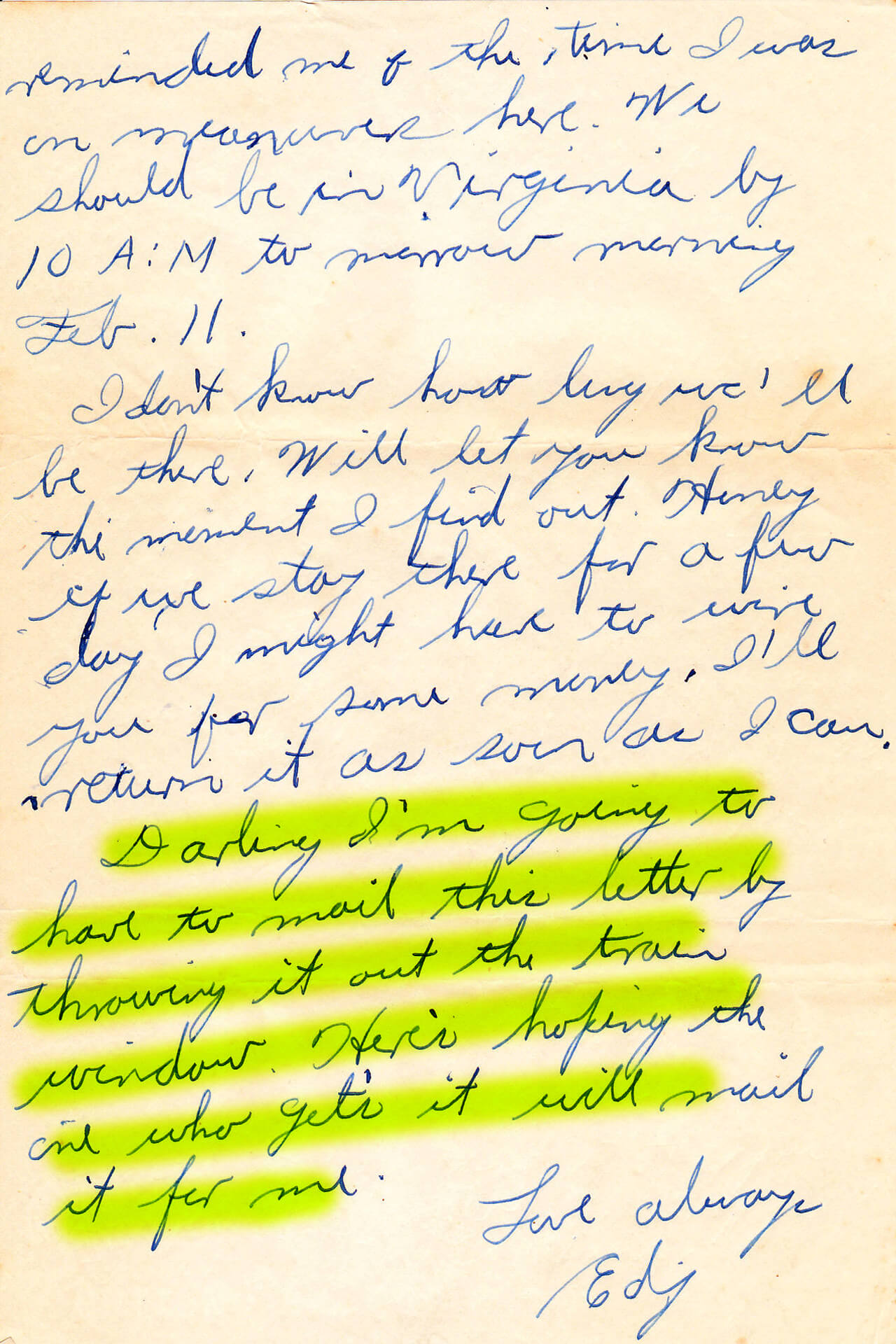 One of Ed's letters indicating in the copy he threw it out a train window.