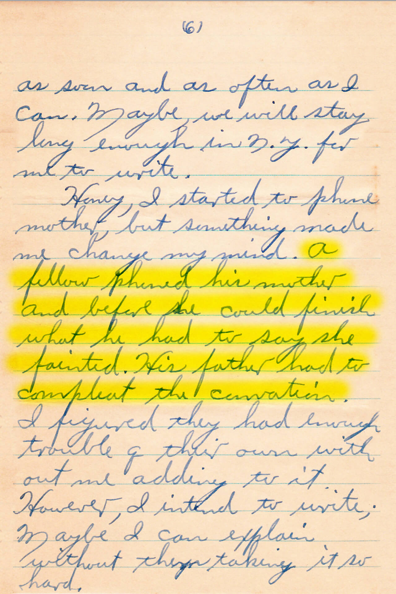 One of Ed's letters where he worried about his mother fainting.