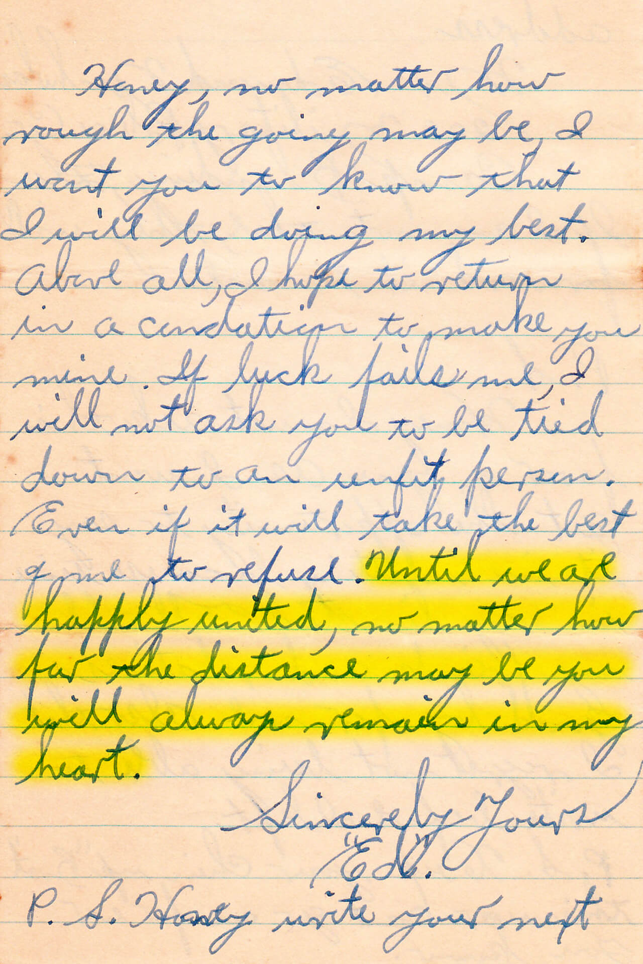 One of Ed's letters saying Sis would always in his heart.