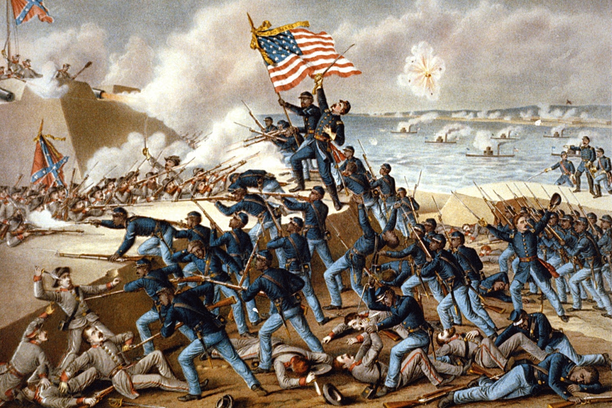 An illustration of a battle at Fort Wagner in 1890.