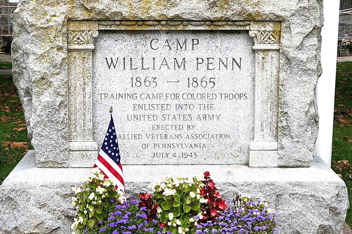 A tombstone memorial at Camp William Penn.