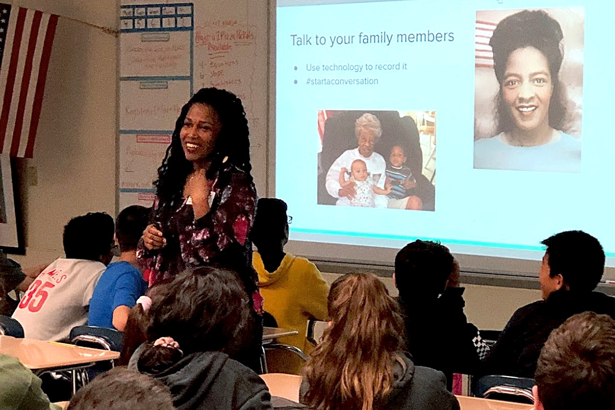 The author presenting her family story to her son's class.