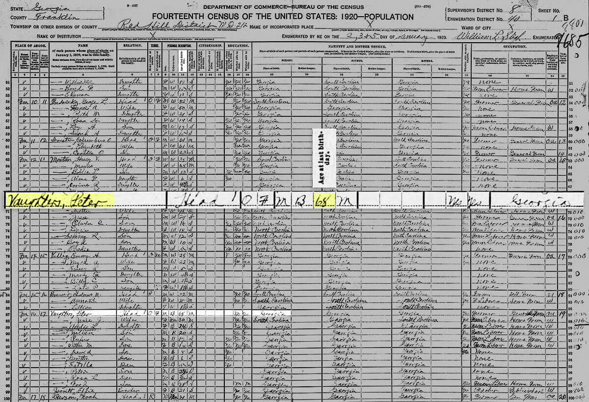 A census record showing Peter Vaughters was 68 in 1920.