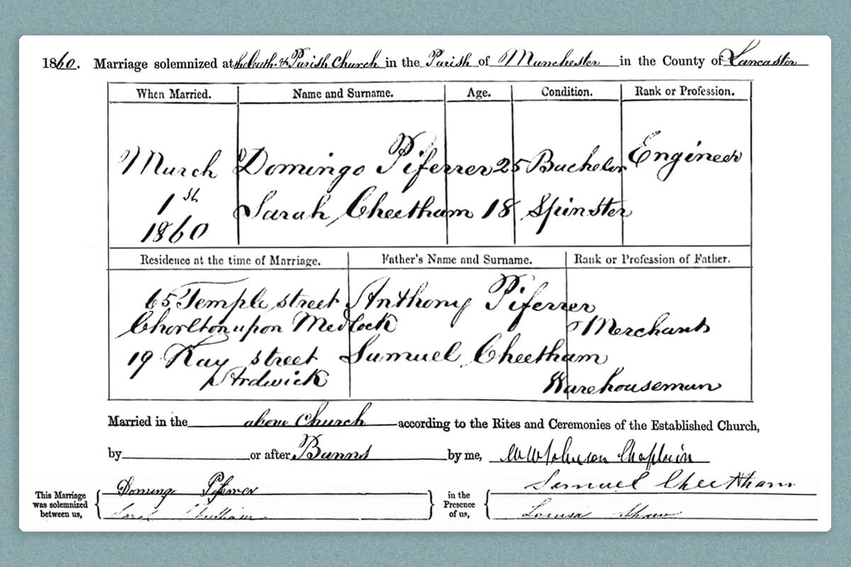 A marriage record between the author's 3rd great-grandparents