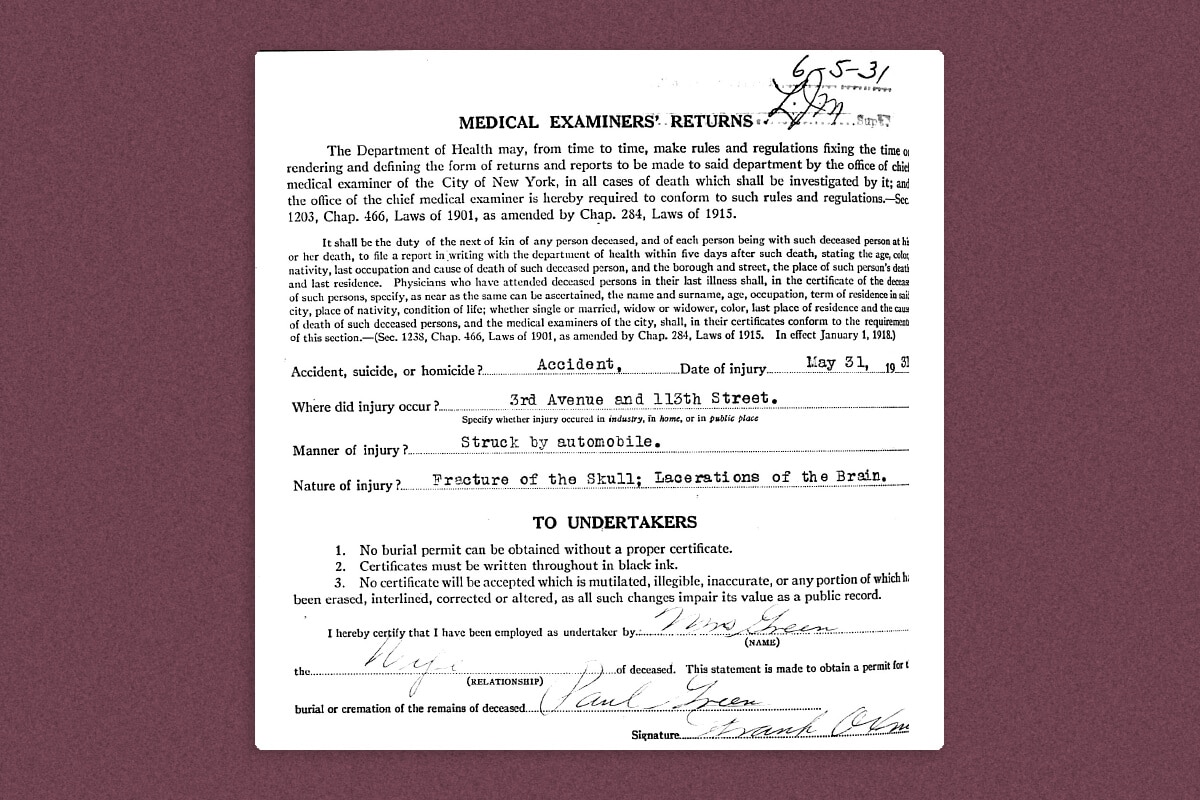 A medical examiner's report, showing an accidental death caused by a fracture of the skull and lacerations of the brain as a result of an automobile accident, for one Paul Green