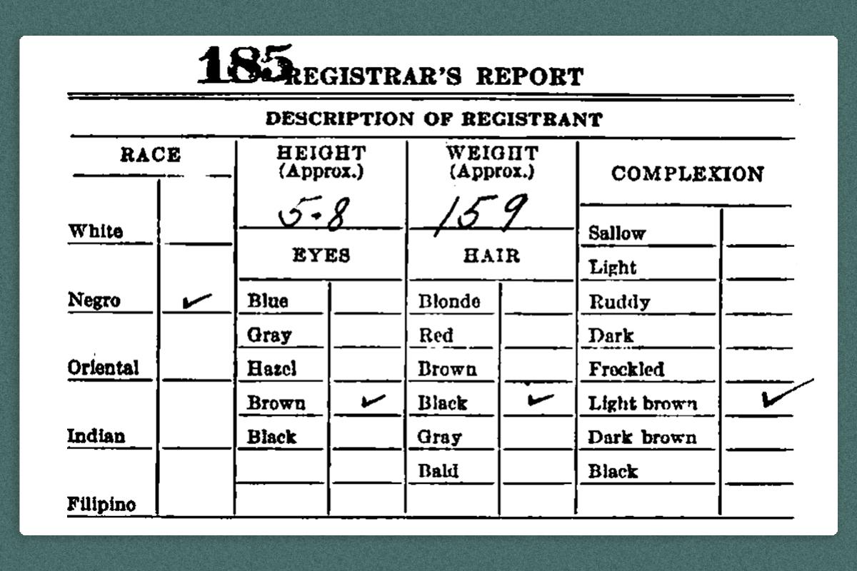 The back of a WWI draft registration card, showing details like race, height, and weight