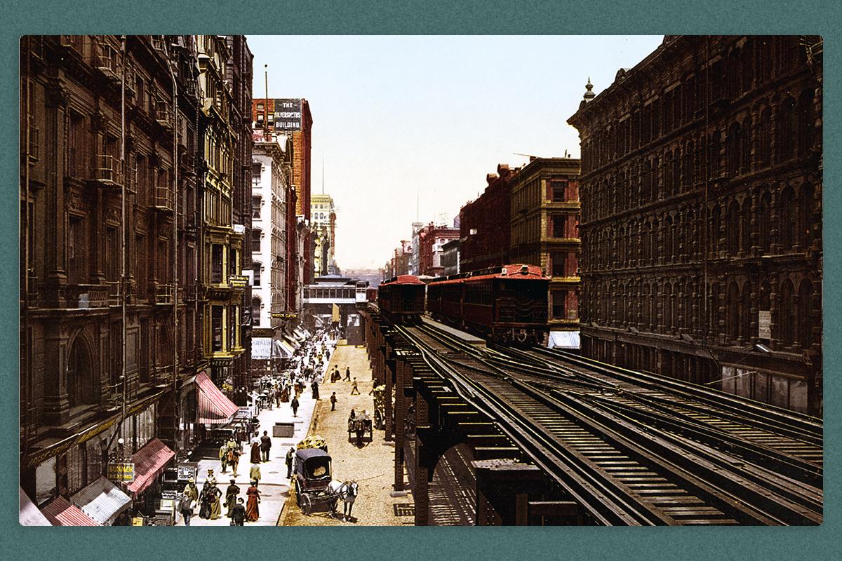 A print depicting the tracks and bulidings and a busy street near the Elevated Railroad in Chicago in 1900
