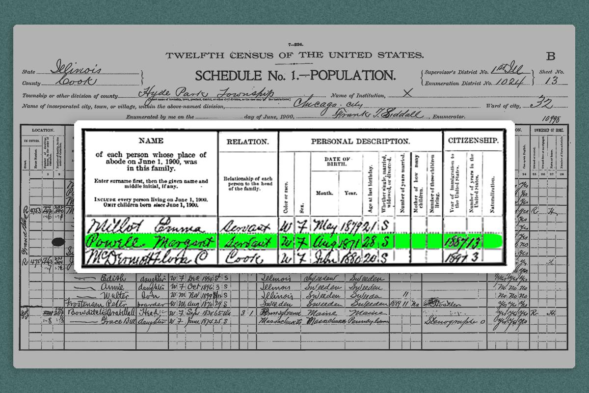 A census record, showing Margaret Powell as living in Chicago in 1900