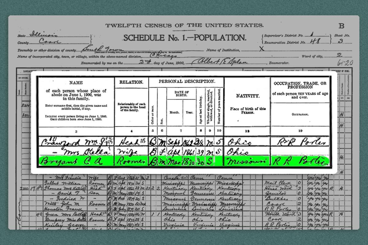 A census record showing Cornelius working as a railroad porter in Chicago in 1900