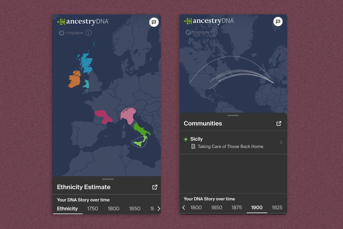 Screenshots of the author's AncestryDNA test results showing Italian heritage