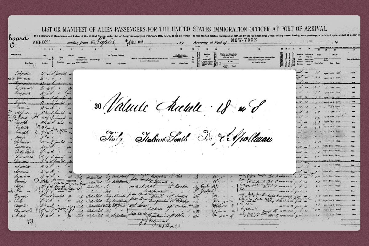 Michael (AKA Michele) Valente's name and other details on a passenger list