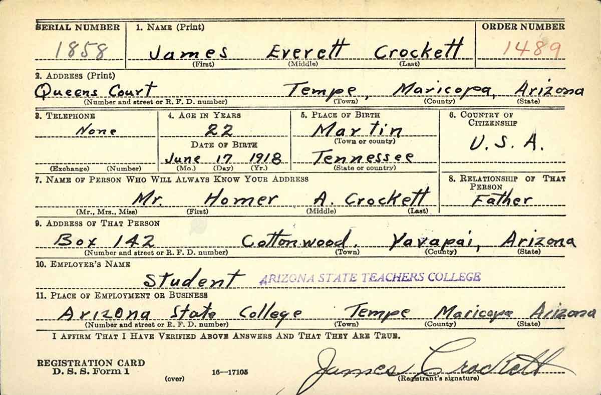 World War 2 draft card for James Everett Crockett