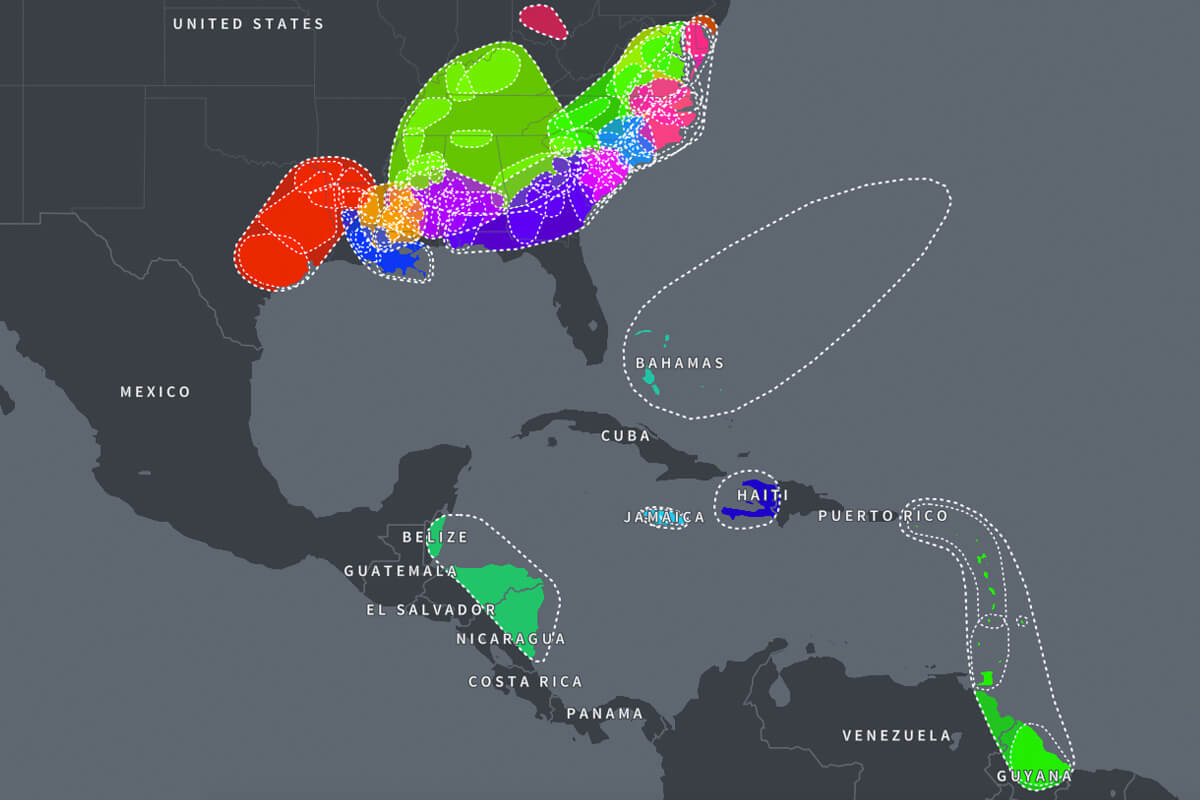 Map of the U.S., Mexico, Central America, the Caribbean, and the northern part of South America showing 94 AncestryDNA communities