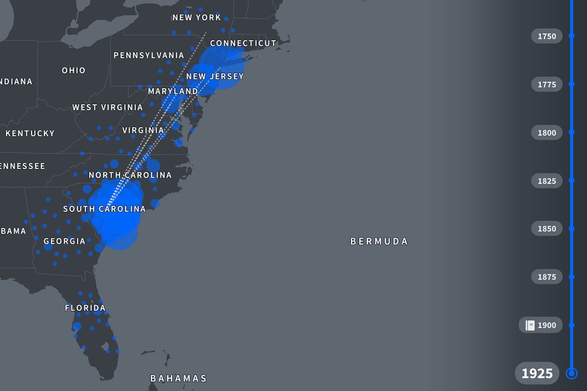 Map showing eastern seaboard, highlighting the S Carolina African Americans AncestryDNA community