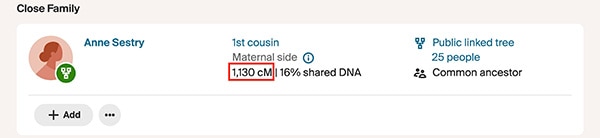 Cousins DNA matches Screenshot of how Ancestry shows relationships to DNA matches and the exact number of centimorgans shared