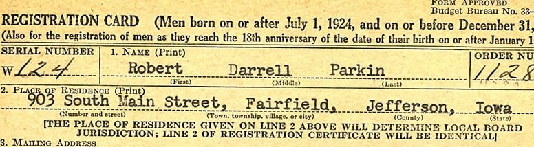 Draft registration card of Robert Darrell Parkin