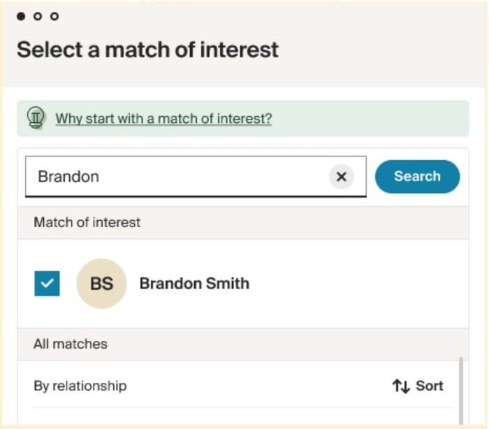 Preview of how to select a match of interest