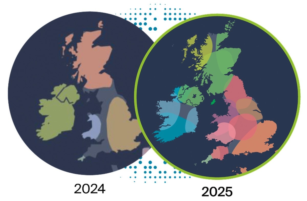 Comparison of regions in the British Isles for the Origins 2024 version and the 2025 version