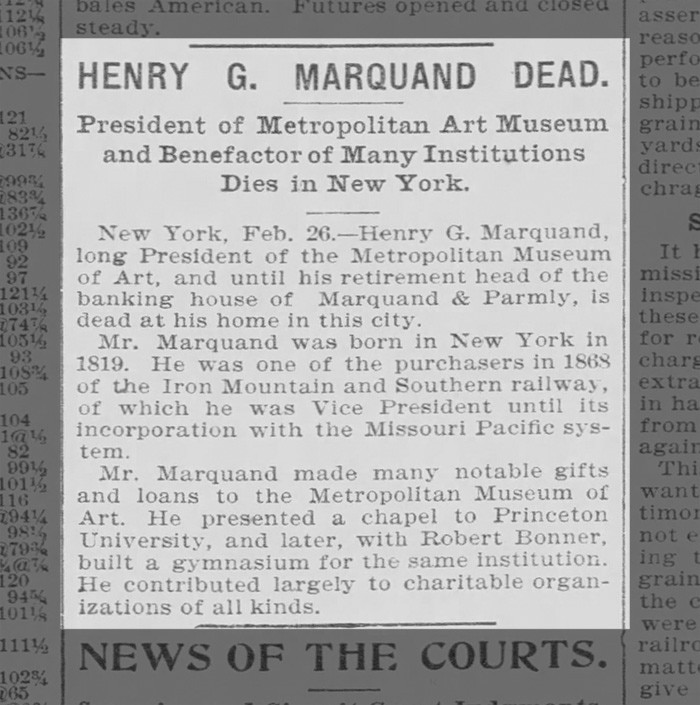  Death notice on Henry G. Marquand on newspapers.com