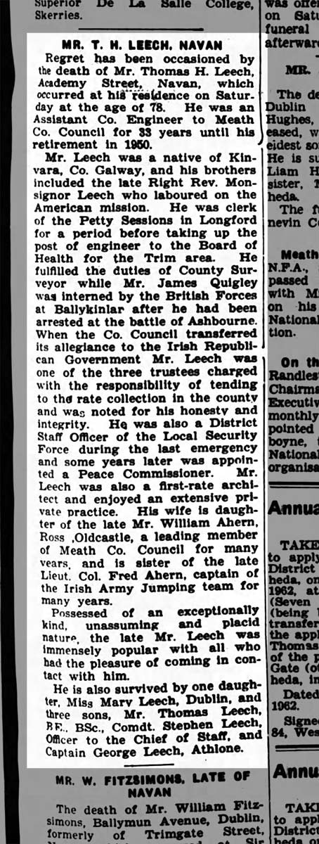 Death notice of Thomas H. Leech on Newspapers.com