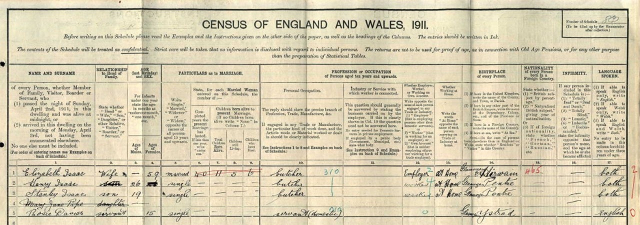 1911 Census of England and Wales record of Henry Thomas Isaac, butcher (Lesley’s grandfather) on Ancestry