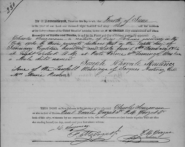 Joseph Norval Martínez’s Birth Registration, New Orleans, 4 June 1866; Orleans Parish Registrar’s Office