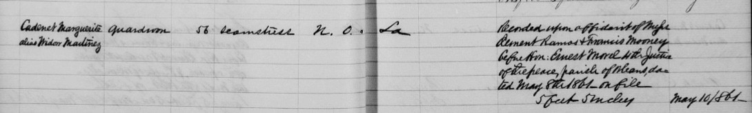 Marguerite Cadenet, alias Widow Martínez, New Orleans Mayor’s Office, Register of Free People of Color; New Orleans City Archives or New Orleans Public Library